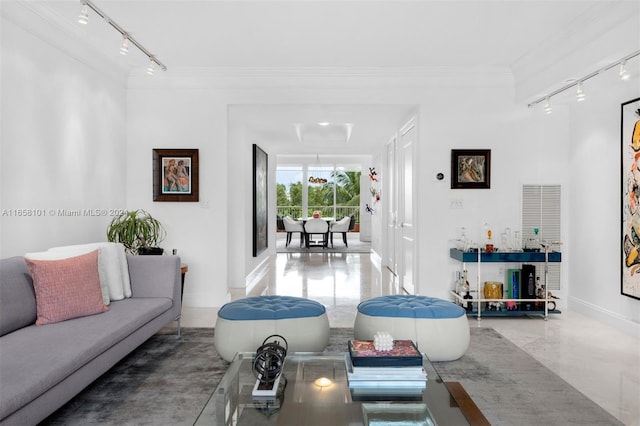 living room featuring crown molding, track lighting, and concrete flooring