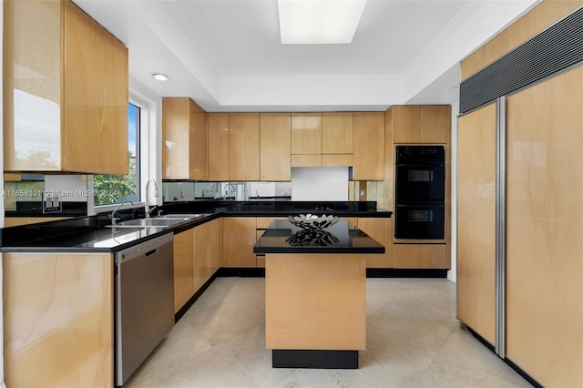 kitchen with dishwasher, black double oven, sink, a center island, and paneled built in refrigerator