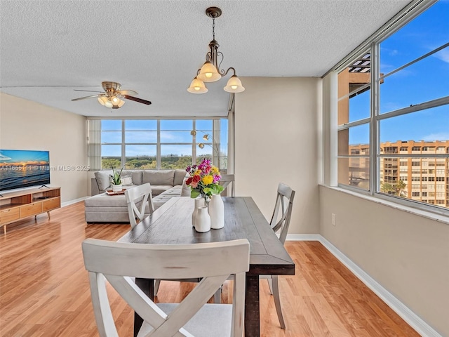 dining room with ceiling fan, a textured ceiling, and light hardwood / wood-style floors