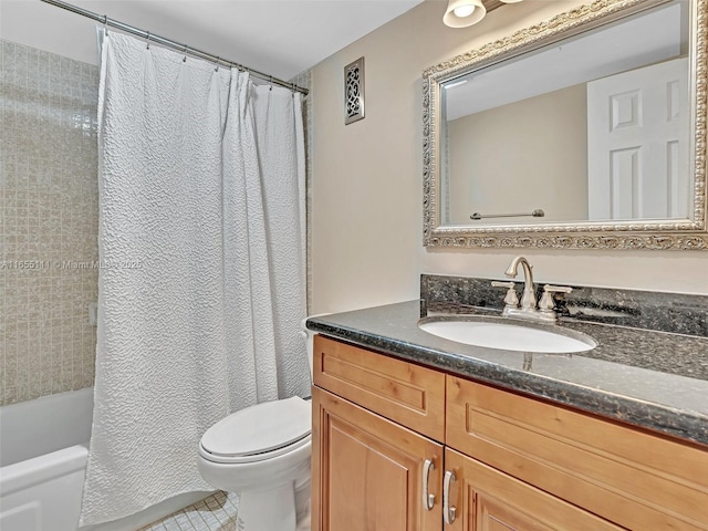 full bathroom featuring vanity, shower / tub combo, tile patterned floors, and toilet