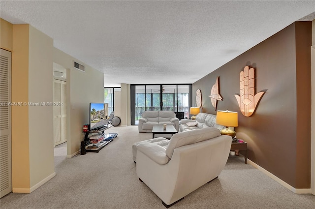 living room featuring a textured ceiling and light colored carpet