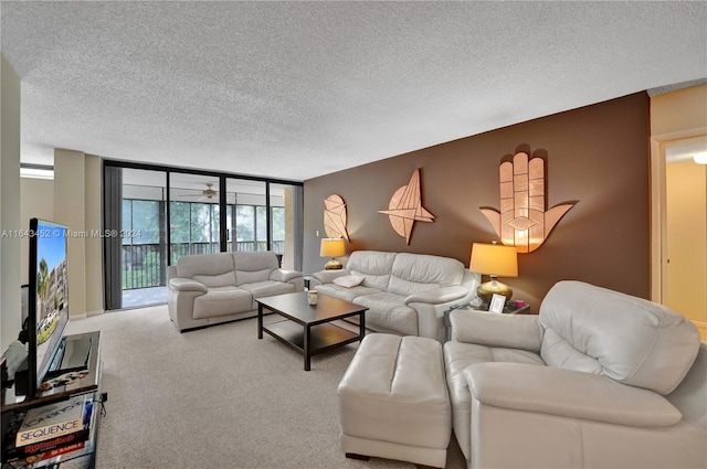 carpeted living room featuring expansive windows and a textured ceiling