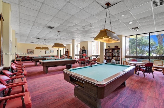 rec room with wood-type flooring, billiards, and a drop ceiling