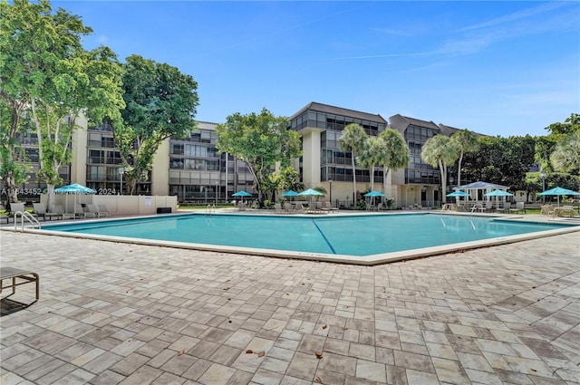 view of swimming pool with a patio