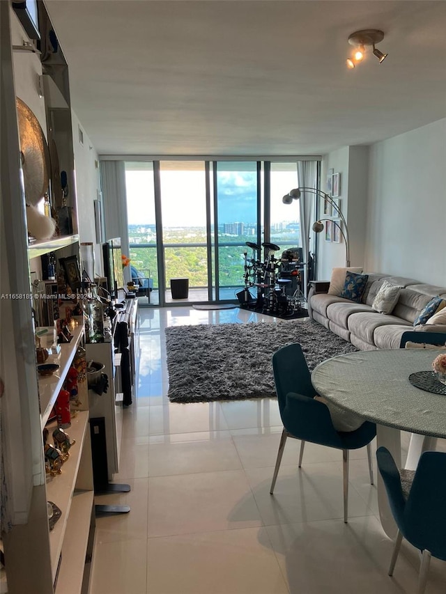 tiled living room with expansive windows