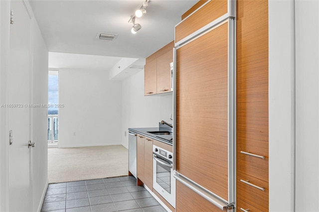 kitchen featuring sink, light colored carpet, stainless steel appliances, and rail lighting