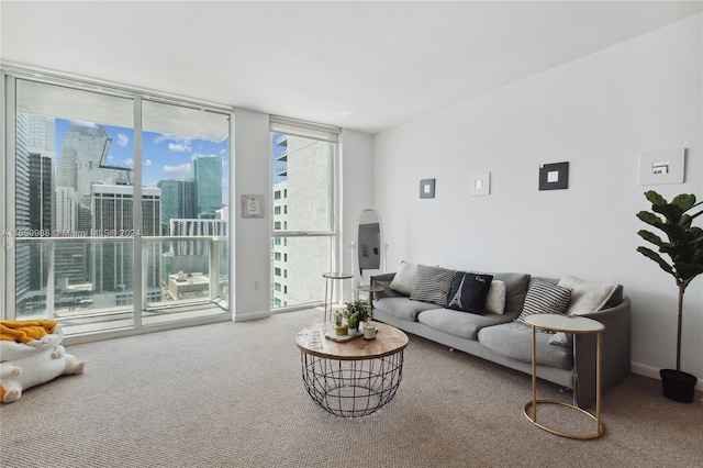 living room with a wall of windows and carpet flooring