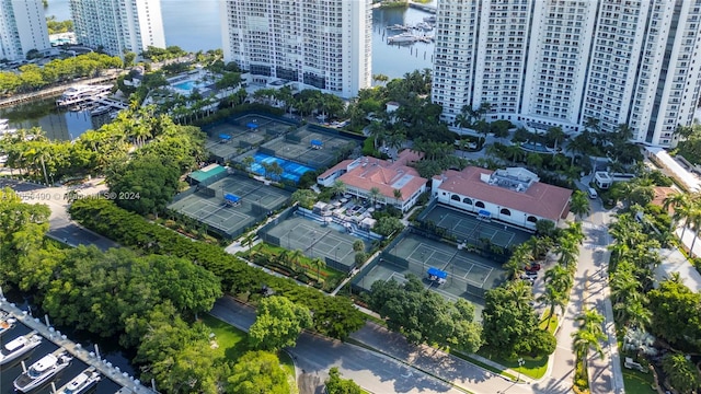 birds eye view of property featuring a water view