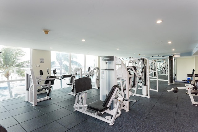 workout area featuring a wall of windows