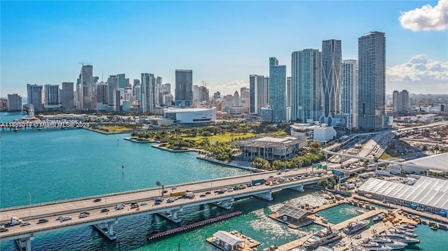 aerial view featuring a water view