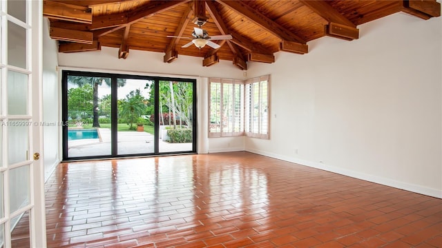 unfurnished room with baseboards, brick floor, wood ceiling, and beam ceiling
