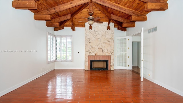 unfurnished living room with baseboards, visible vents, wood ceiling, and a ceiling fan