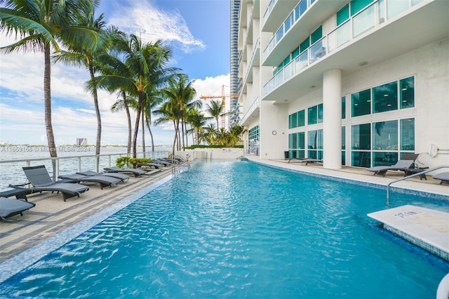 view of swimming pool with a water view