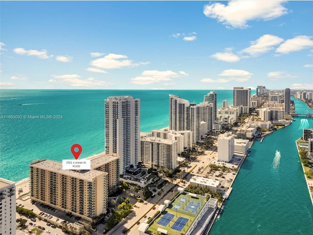 bird's eye view with a water view