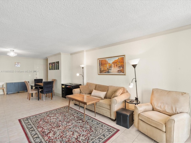 tiled living room with a textured ceiling