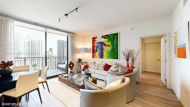 living room featuring light hardwood / wood-style flooring, floor to ceiling windows, and rail lighting