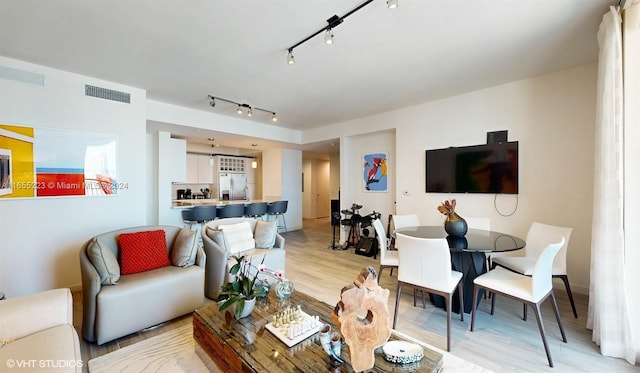 living room with light wood-type flooring and rail lighting