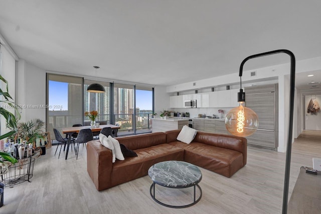 living room with a wall of windows and light wood-type flooring