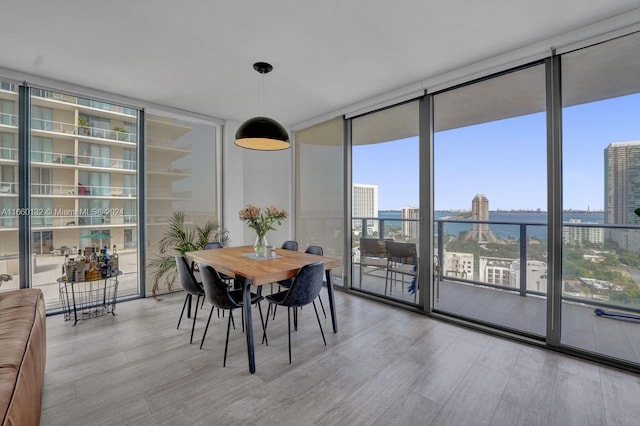 dining space featuring floor to ceiling windows and light wood-type flooring