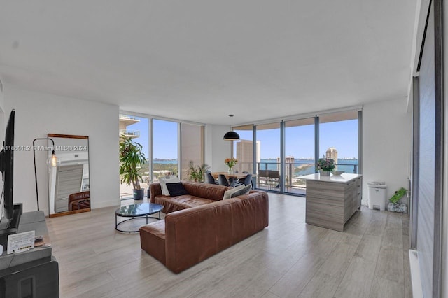 living room featuring a wall of windows, a water view, and light wood-type flooring