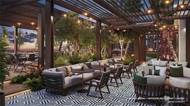 patio terrace at dusk featuring an outdoor living space and a pergola