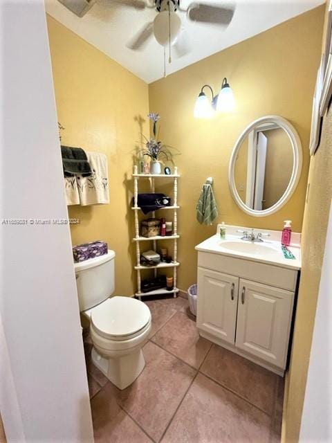 bathroom featuring tile patterned flooring, ceiling fan, toilet, and vanity