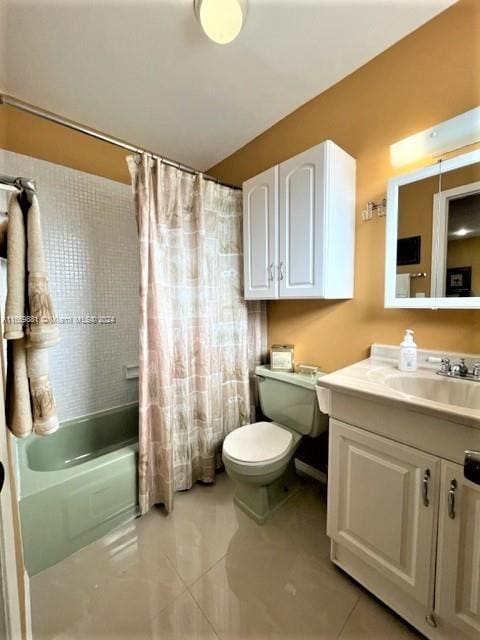 full bathroom with vanity, toilet, tile patterned floors, and shower / bath combo with shower curtain