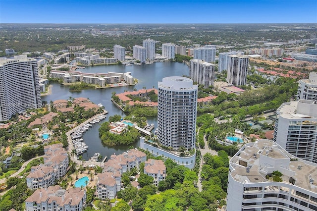 bird's eye view with a water view