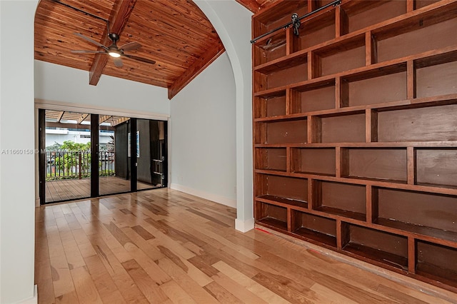 empty room featuring lofted ceiling, ceiling fan, wooden ceiling, and light hardwood / wood-style floors