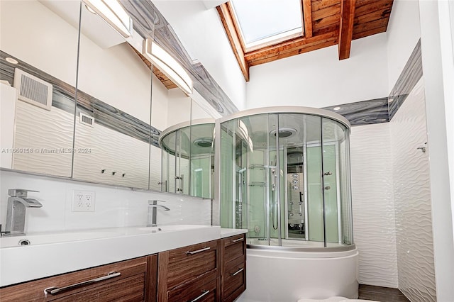 bathroom with a skylight, wood ceiling, beamed ceiling, shower / bath combination with glass door, and vanity