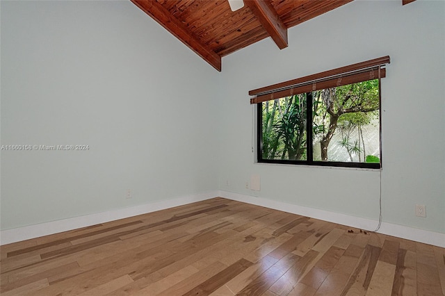 unfurnished room featuring wooden ceiling, lofted ceiling with beams, and light hardwood / wood-style flooring