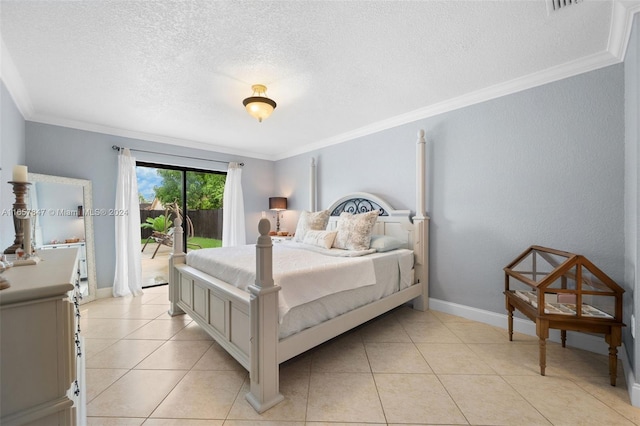 tiled bedroom with crown molding, a textured ceiling, and access to exterior