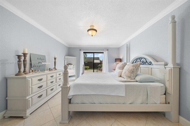 bedroom with crown molding, a textured ceiling, and light tile patterned flooring