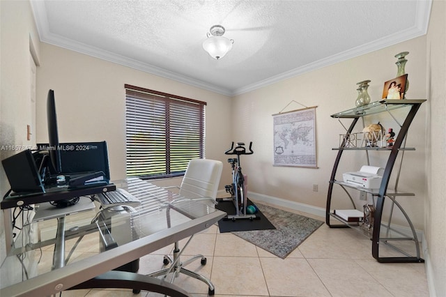 tiled office space with crown molding and a textured ceiling