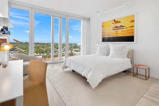 bedroom with wood-type flooring and floor to ceiling windows