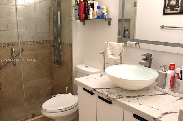 bathroom featuring walk in shower, toilet, and vanity