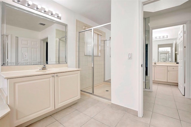 bathroom featuring two vanities, a stall shower, tile patterned flooring, visible vents, and a sink