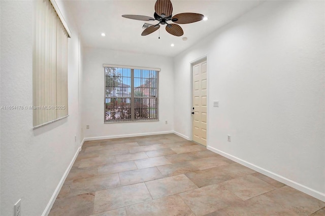 unfurnished room featuring baseboards, a ceiling fan, tile patterned flooring, and recessed lighting