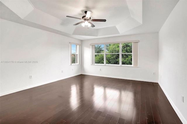 empty room with baseboards, a raised ceiling, plenty of natural light, and a ceiling fan