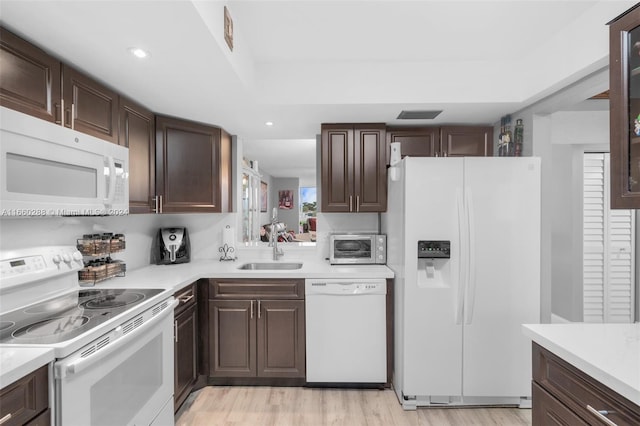 kitchen with dark brown cabinets, light wood-type flooring, and white appliances