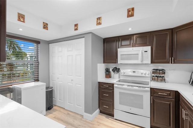 kitchen with dark brown cabinets, white appliances, light hardwood / wood-style floors, and radiator heating unit