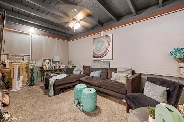 interior space with ceiling fan, beam ceiling, and wooden ceiling