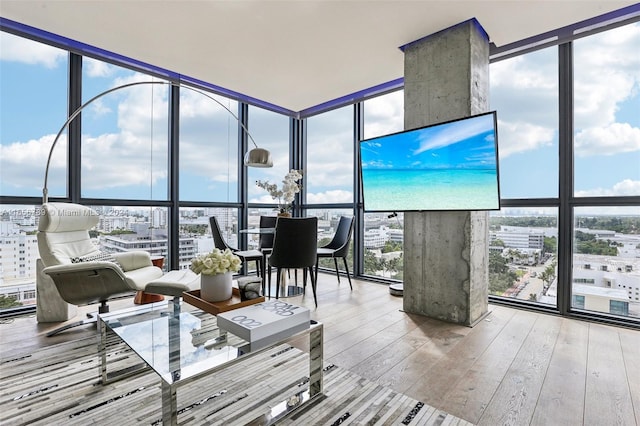 living room featuring expansive windows and hardwood / wood-style flooring