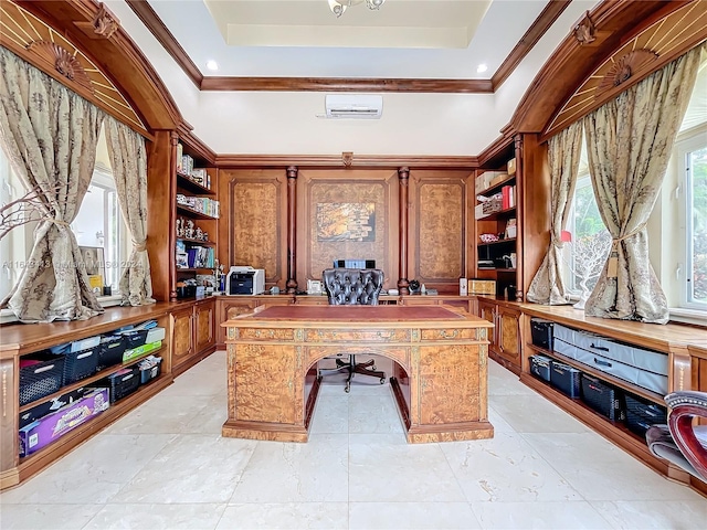 6710 SW 92nd St, Pinecrest, FL 33156 - office area featuring a raised ceiling, a wall mounted air conditioner, and ornamental molding