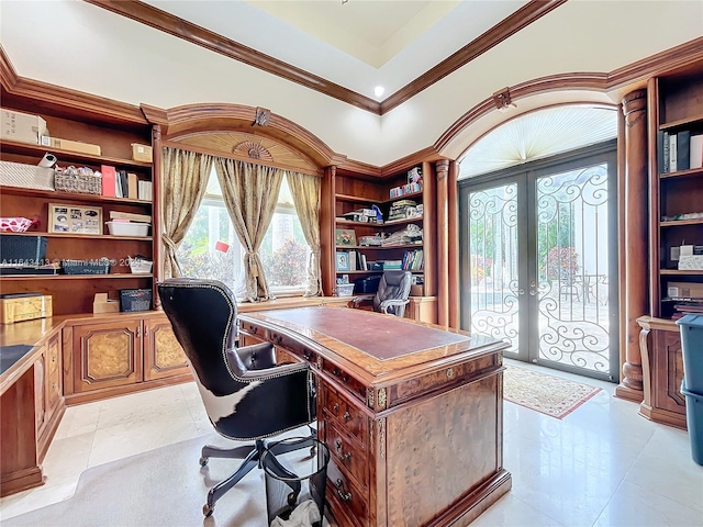 6710 SW 92nd St, Pinecrest, FL 33156 - office area with french doors, ornamental molding, light tile patterned floors, built in shelves, and decorative columns