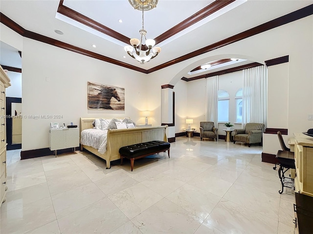 bedroom featuring a raised ceiling, a notable chandelier, and ornamental molding