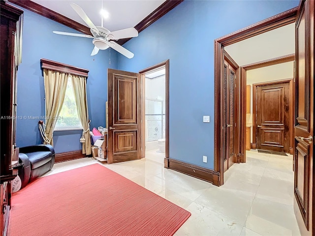 6710 SW 92nd St, Pinecrest, FL 33156 - bedroom featuring baseboards, light tile patterned floors, ensuite bath, and ornamental molding