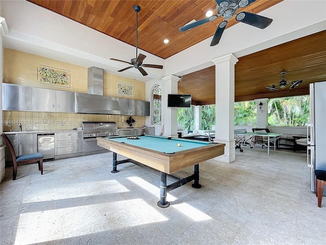 rec room with sink, high vaulted ceiling, wood ceiling, and billiards