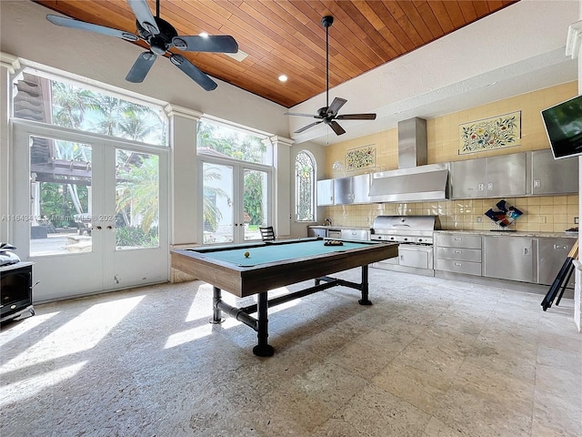 game room with french doors, wood ceiling, a healthy amount of sunlight, and pool table