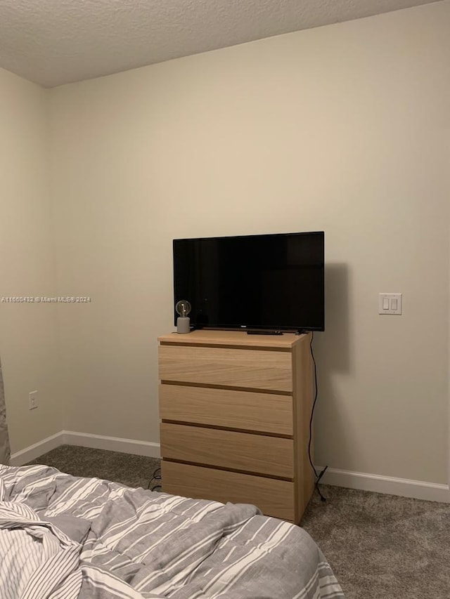 carpeted bedroom with a textured ceiling